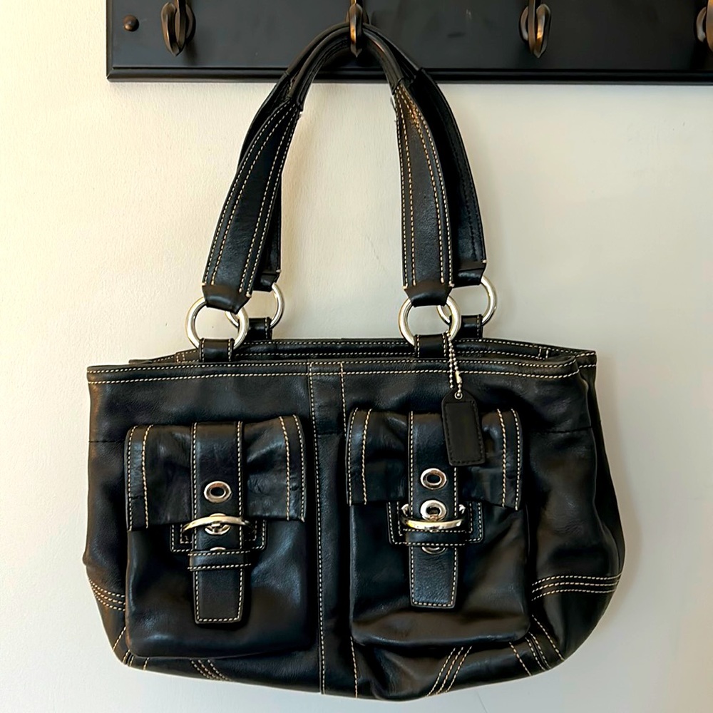 Coach Soho Double Pocket black leather shoulder tote-used. Like New